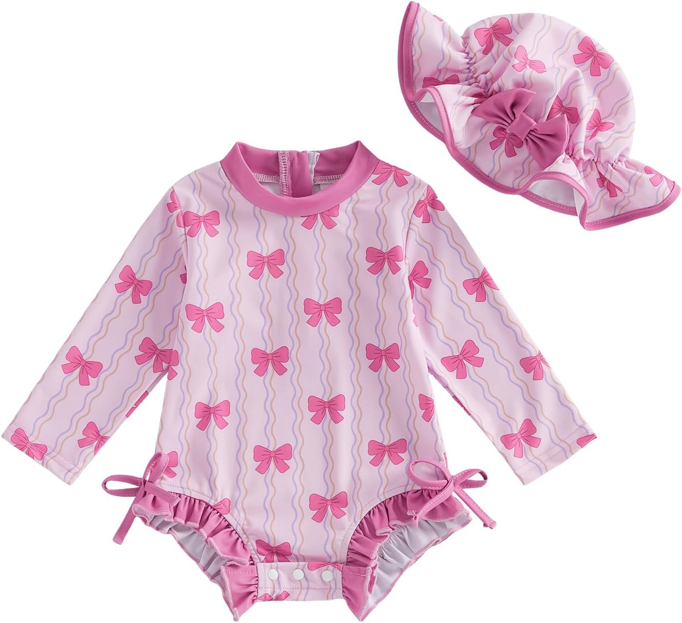 Baby Girl Rash Guard Swimsuit Toddler Long Sleeve One Piece Bathing Suit with Hat Infant Zipper Ruffled Swimwear