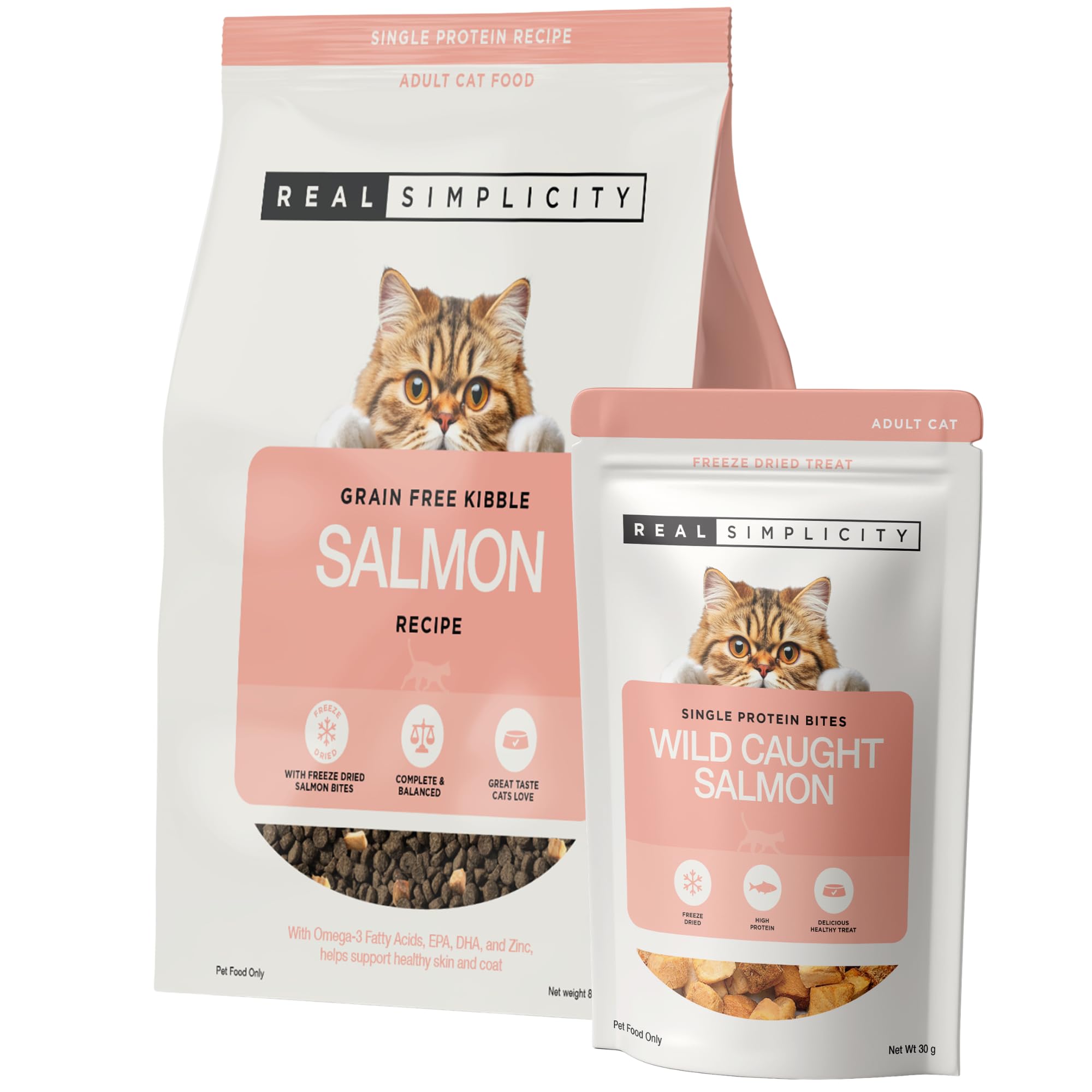 Real Simplicity Dry Cat Food for Adult & Senior Cats (1.6 KG), Single Protein Wild-Caught Salmon, Kibble with Freeze-Dried Salmon Pieces Bites + Extra 30g Pack, Healthy Coat & Skin