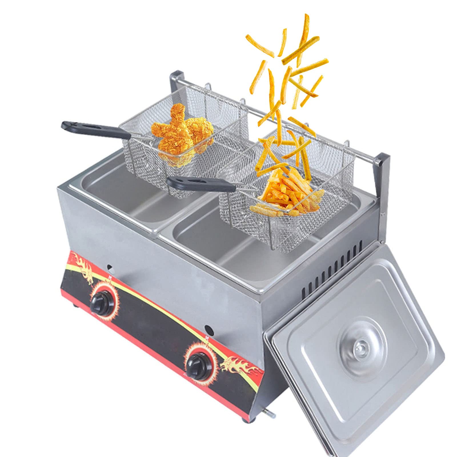 Friteuse à gaz pour frites et beignets avec couvercle amovible en acier inoxydable