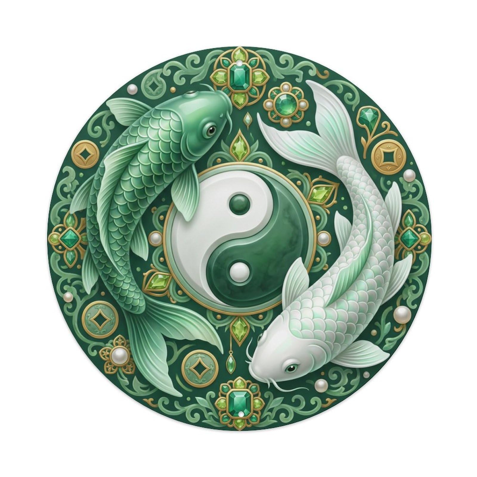 Metal Tin Sign Tai Chi Koi Fish Jade Green Feng Shui