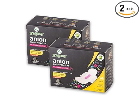 Gypsy Anion Ultra Thin Sanitary Pads For Women With Wings - Large - 16 Napkins (2 x 8) - Soft, Organic Cotton, Anti-Bacterial & Biodegradable