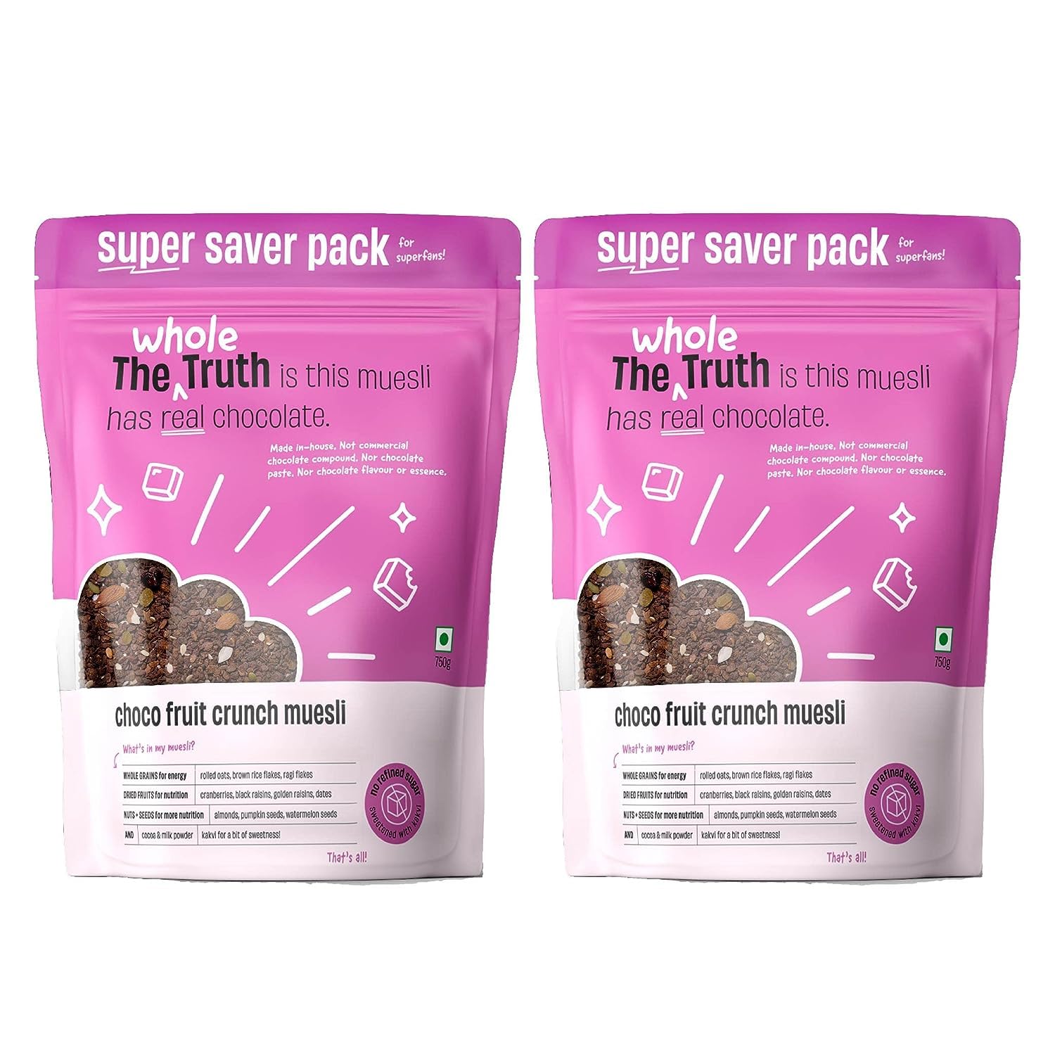 The Whole Truth - SUPERSAVER Breakfast Muesli Combo - Choco Fruit Crunch - 750g - Pack of 2 - Made with Real Chocolate - No artificial flavours - No preservatives (B09ZTT4XQK) Amazon Price History, Amazon Price Tracker