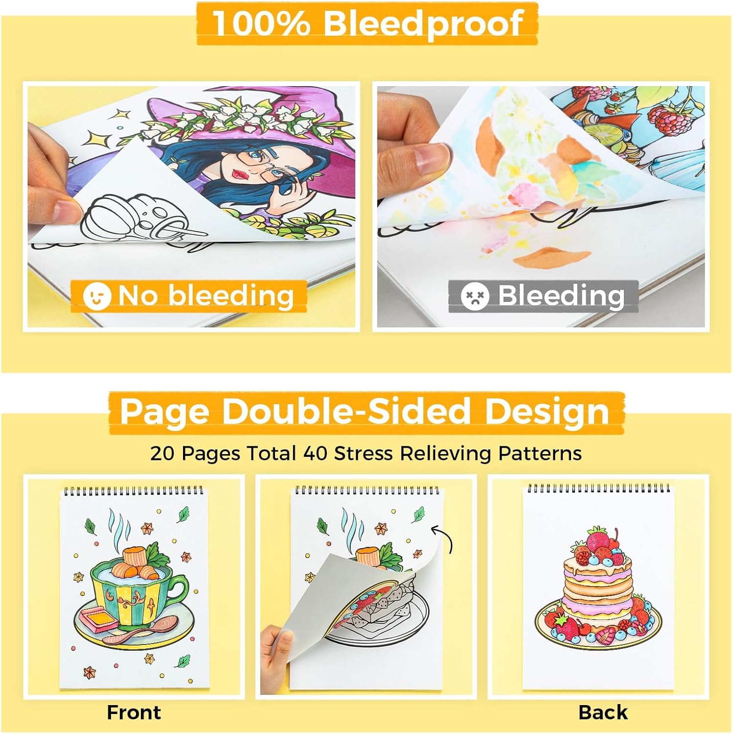 Ohuhu Double-Sided Bleedproof Coloring Book for Alcohol Markers - 4 Sets of 8"x10" Coloring Books - 160 Stress-Relieving Animal Mandala Flower Dessert Portrait Designs for Adults and Teens