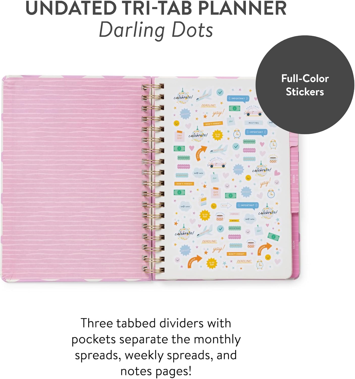 Orange Circle Studio Undated Tri-Tab Planner, Garden Renaissance, Daily Notebook Journal, Cute Weekly and Monthly Calendar with Pocket, Stickers, Lined Pages for To Do lists and Planning (Darling Dots)