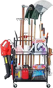 Mythinglogic Garden Tool Organizer for Garage, Yard Tool Rack with Wheels, Garage Organizers and Storage Holder for Yard Tools (Deluxe Tower)