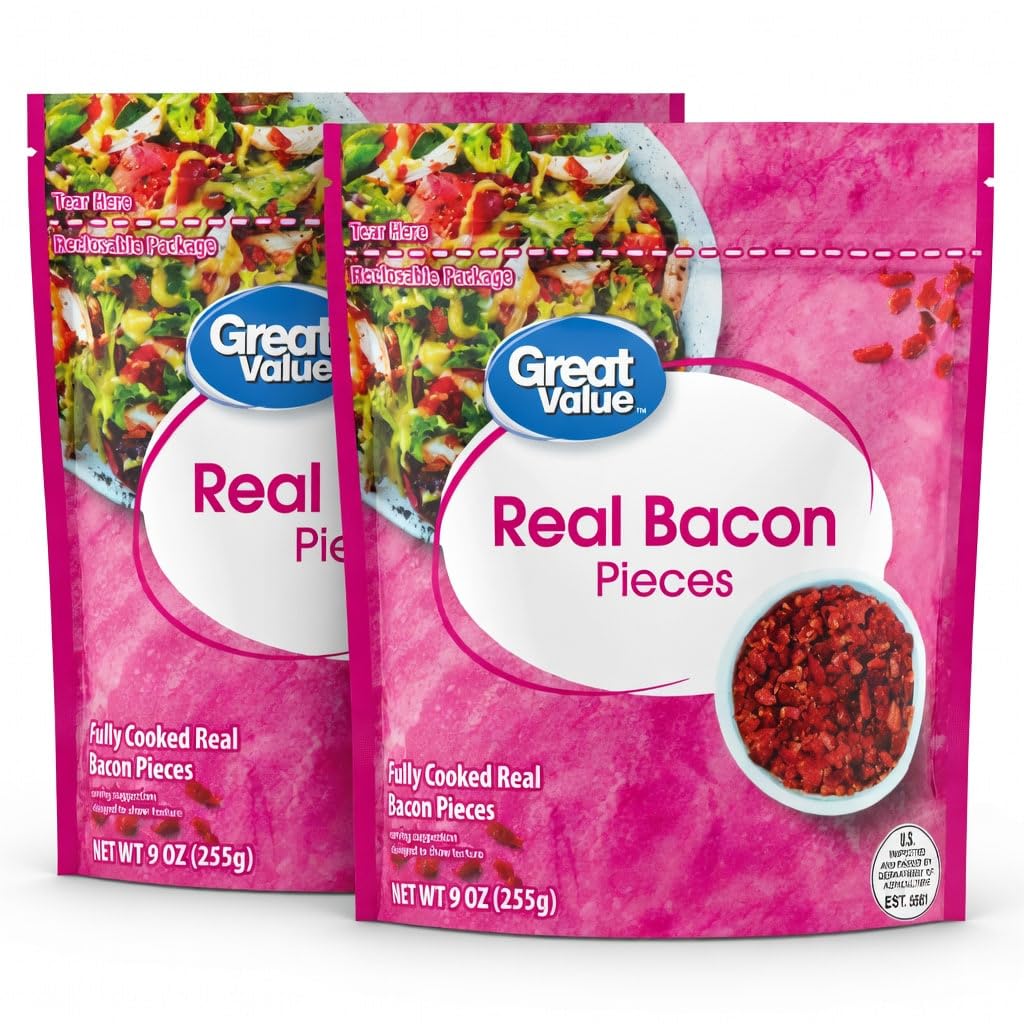 Great Value Real Bacon Pieces, Fully Cooked, Gluten-Free, 9 oz Resealable Bag, Pack of 2