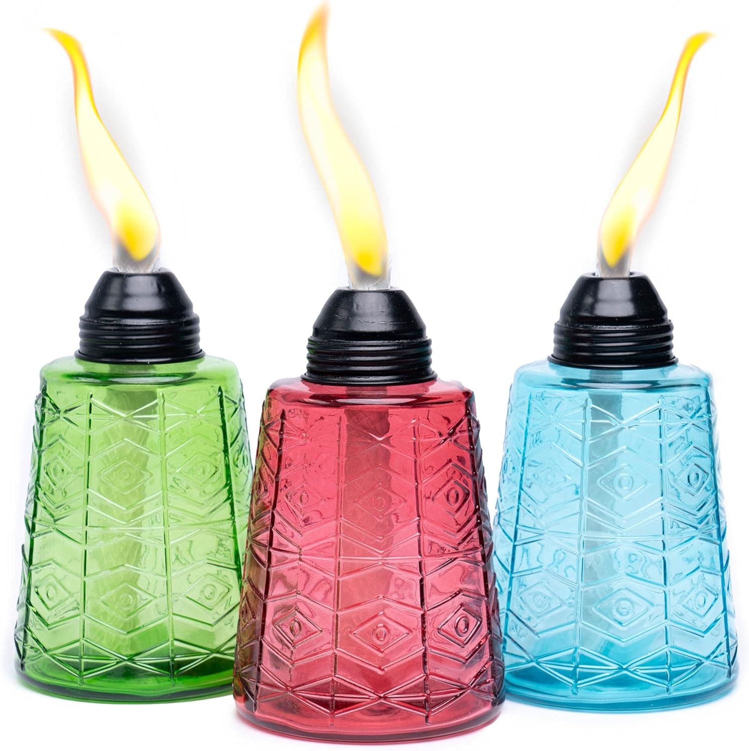 Contemporary Tiki Culture Glass Torches for Your Table or Patio with Many Colors to Choose from. Set of 3 Torches. Exclusively from Backyadda. (Spring Green, Crimson, Caribbean Blue) - - 