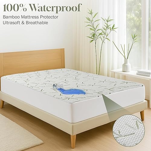Miniatura 6 de Hannah Linen Protector de colchón tamaño Queen, rayón refrescante de viscosa de bambú, 100% impermeable, estilo sábana bajera, bolsillo profundo