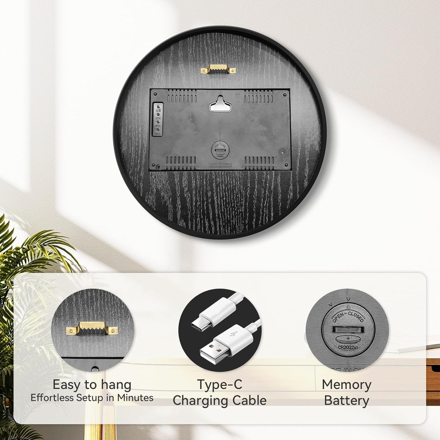 Digital Modern Wall Clock Temperature Humidity Large Display Motion Sense 12/24H with Bohemian Style LED Clocks for Living Room Bedroom Office Kitchen 12-Inch Plug-in Powered