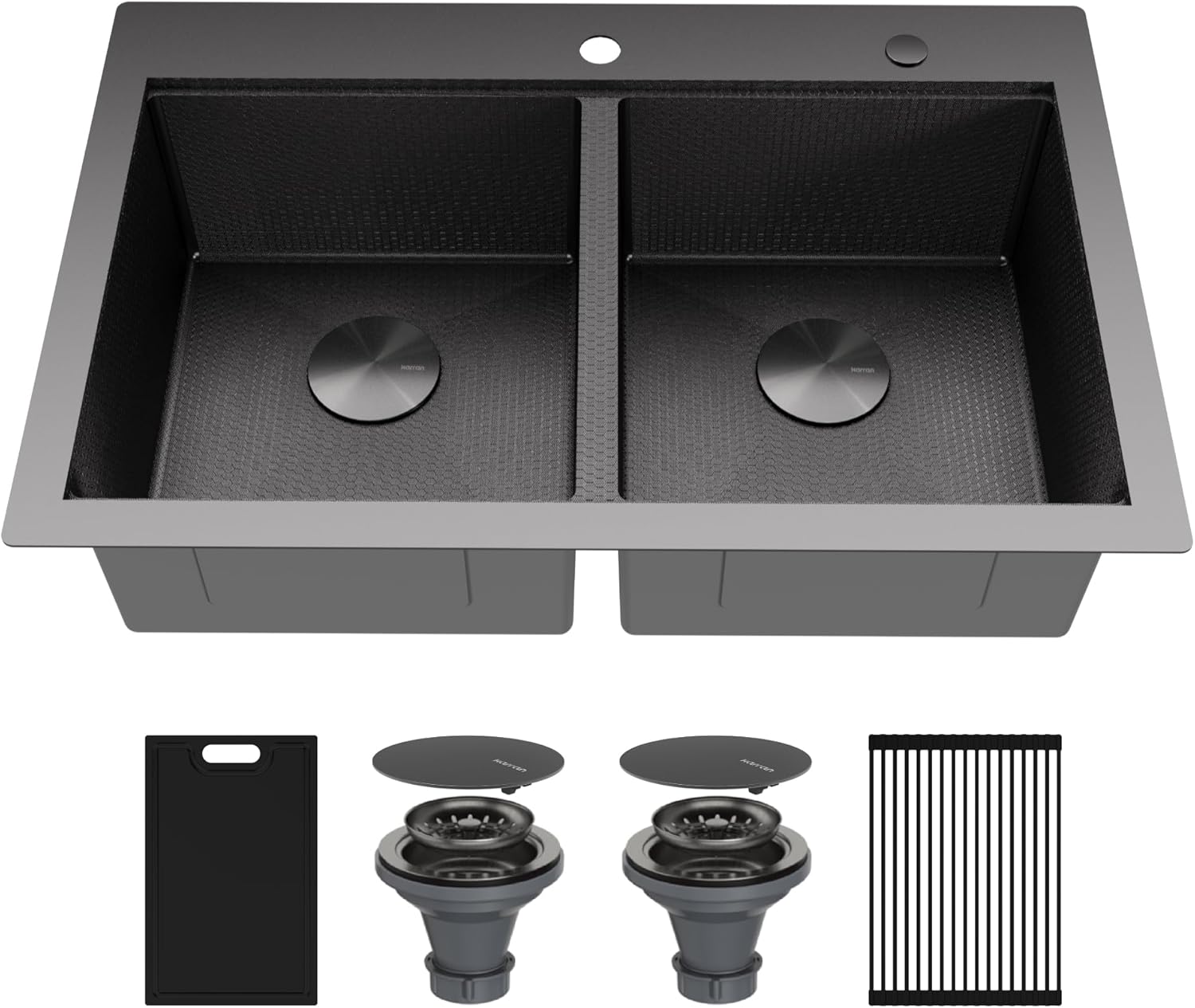 Karran Matrix 33” Top Mount Workstation Kitchen Sink, Double Bowl, 16 Gauge Stainless Steel, Gunmetal Grey, Includes Cutting Board, Drying Mat & Basket Strainers
