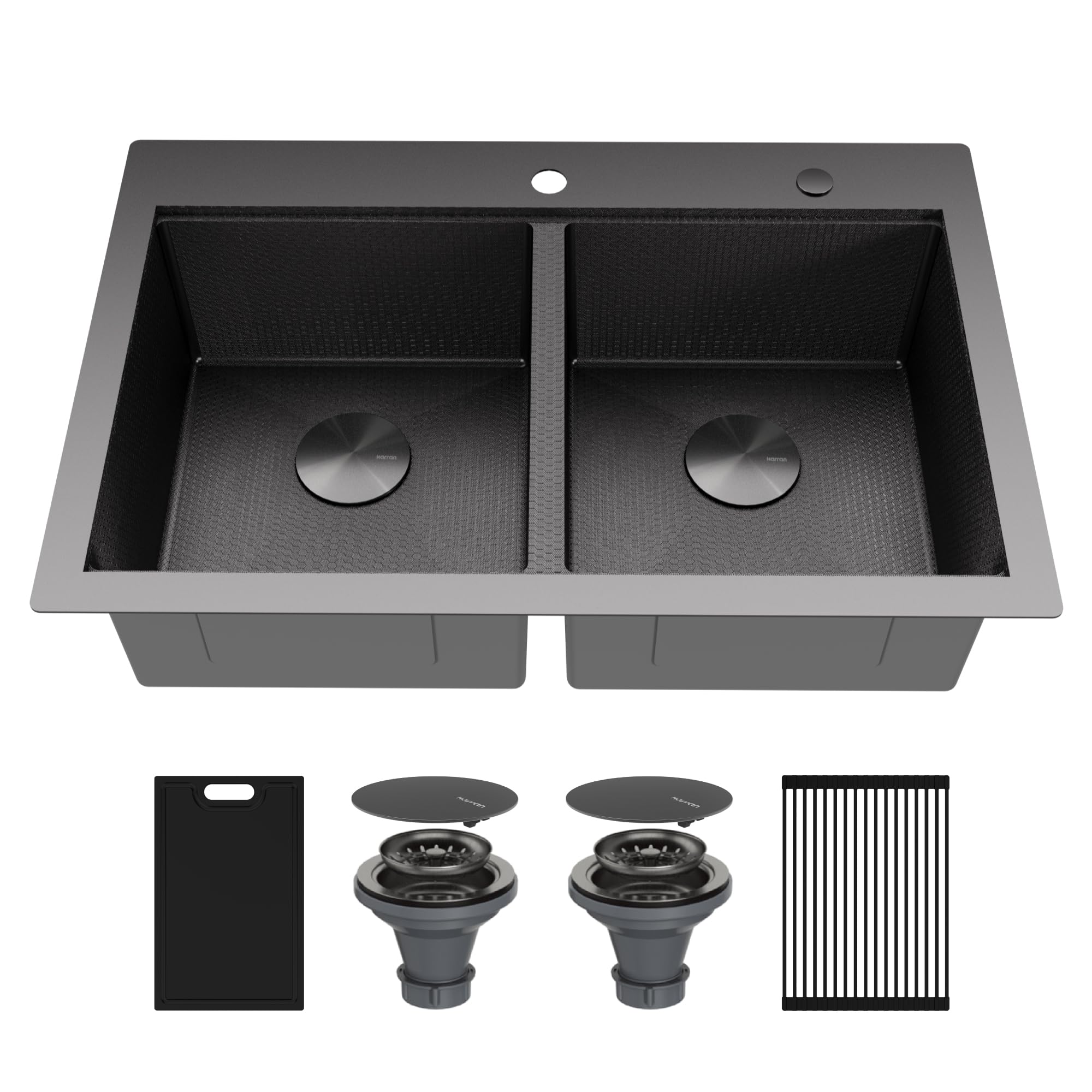 Karran Matrix 33” Top Mount Workstation Kitchen Sink, Double Bowl, 16 Gauge Stainless Steel, Gunmetal Grey, Includes Cutting Board, Drying Mat &amp; Basket Strainers