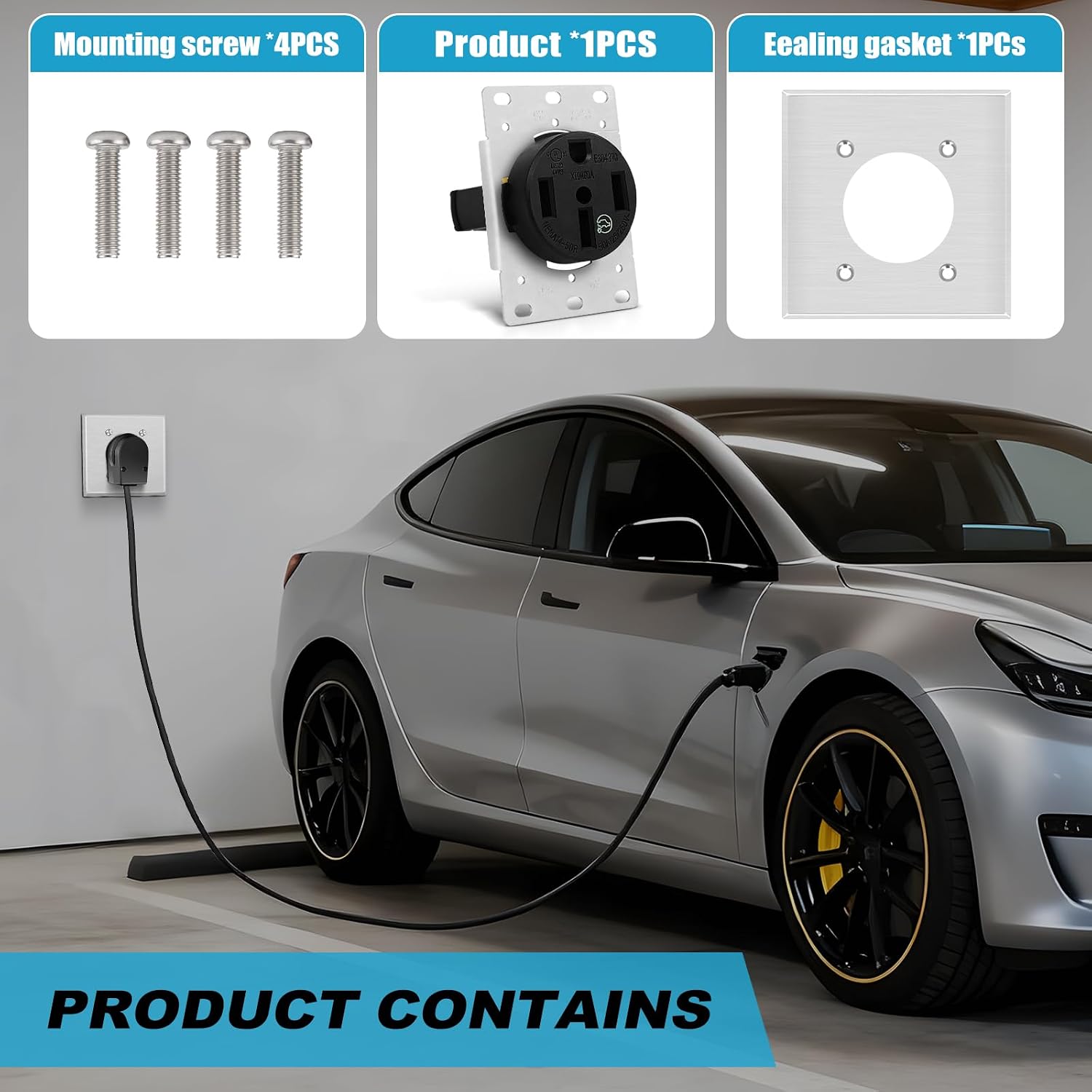 NEMA 14-50R Outlet 50 Amp EV Charging with Stainless Steel Wall Plate Receptacle 125/250V 3-Pole 4-Wire for Electric Vehicles Charging, RVs, Welders and Large Appliance