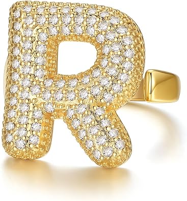 KeyStyle Gold Initial Rings for Women, Adujustable Letter CZ Rings