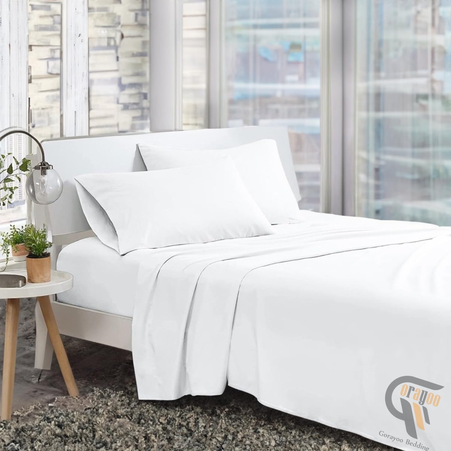 4 Piece Bed Sheet Set Queen Size | Cotton Soft & Breathable Bedsheet Includes 1 Flat Sheet, 1 Fitted Sheet & 2 Pillowcases with 12 Inch Deep Pocket Comfortable Bedding Set | White