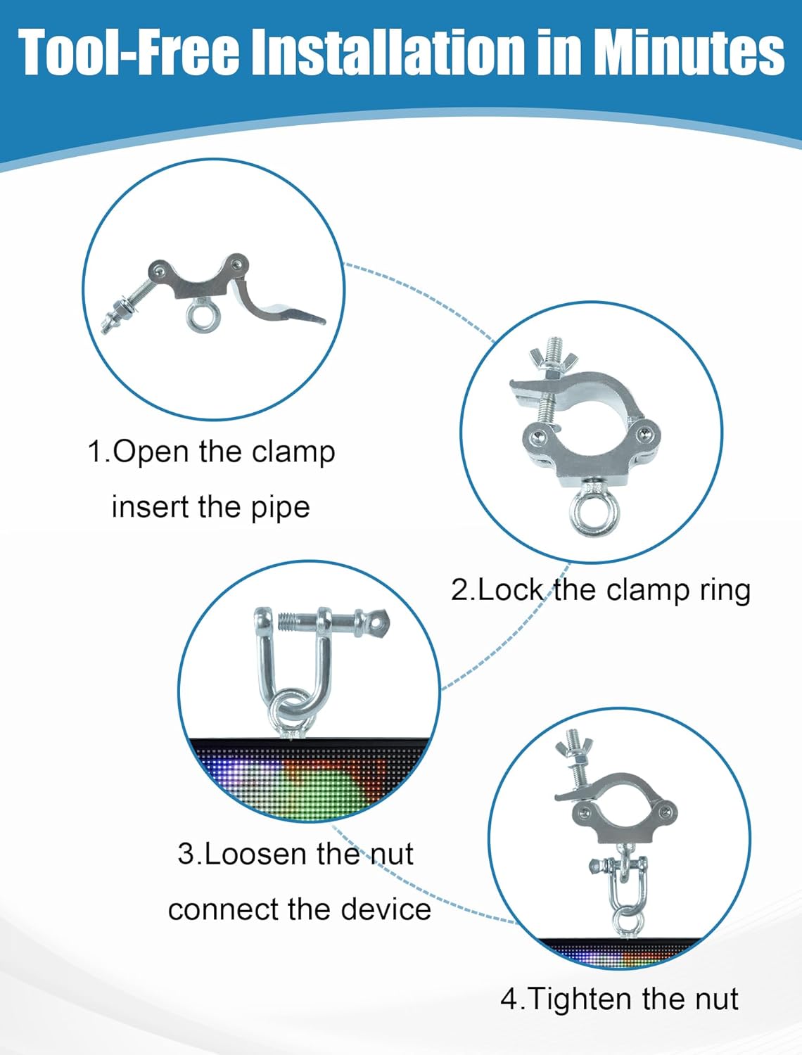 40-53mm Heavy Duty Pro Clamp with Eye Bolt and U-hook Stage Clamps for Led Video Wall Led Screen Display Stage Lights Hooks 6pcs Pack