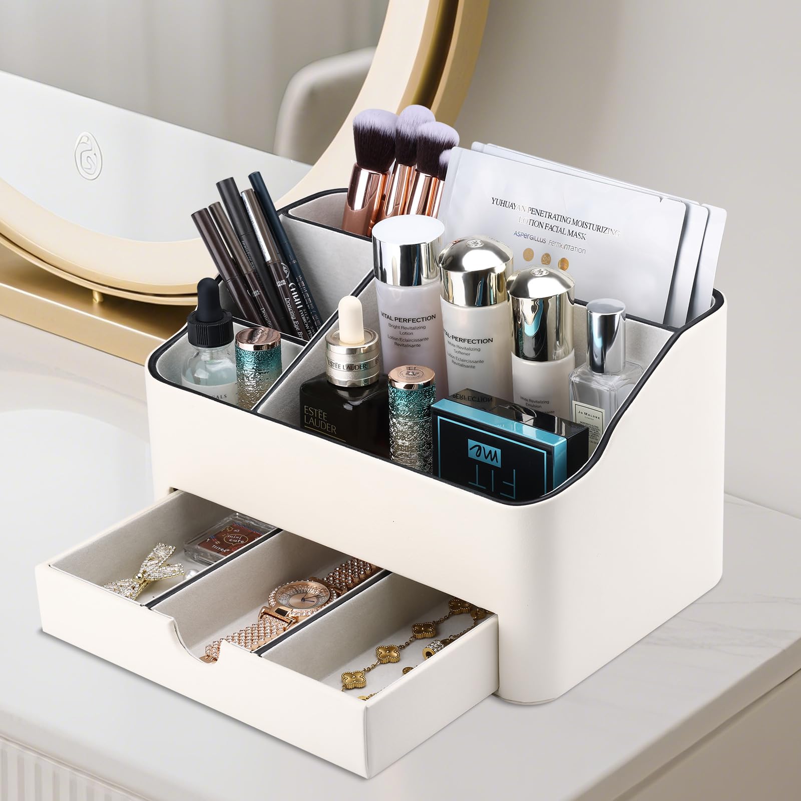KINGFOM Organizer da scrivania con cassetto, portapenne multifunzione per scrivania, organizer da scrivania e accessori, 5 scomparti per forniture per casa e ufficio (crema)