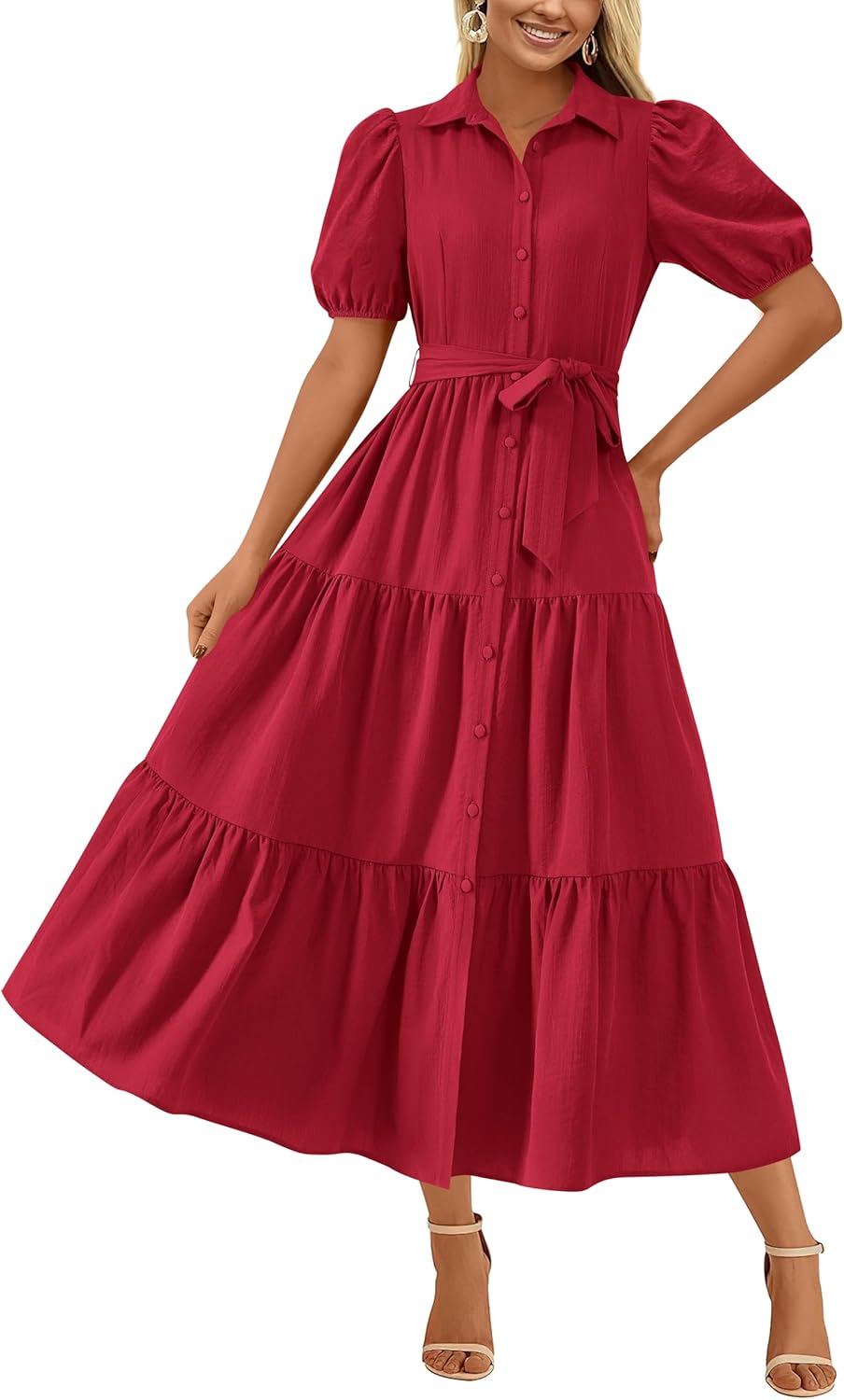 MASCOMODA Womens Summer Dresses 2025 Short Sleeve Maxi Dress Casual V Neck Button Down Tiered A Line Flowy Midi Shirt Dress