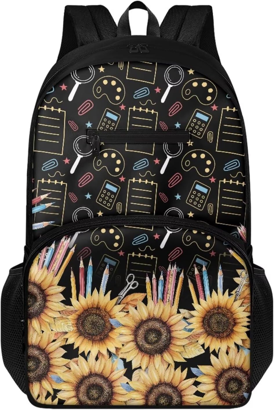Sunflower Stationery Print School Backpack for Teens, Durable Polyester Backpack, 16.9 In Lightweight Design, Multiple Compartments, Side Mesh Pockets for Study & Travel Adventures