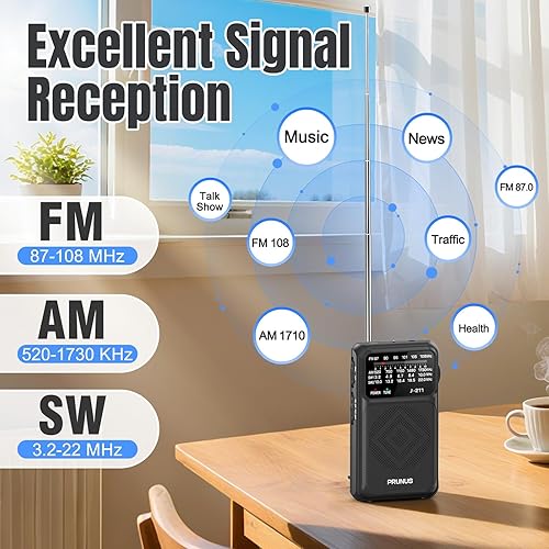 Miniatura 6 de PRUNUS J-211 Radio portátil AM FM con carga USB y batería AA, radio transistor, recepción fuerte y altavoz claro, conector para auriculares, clip