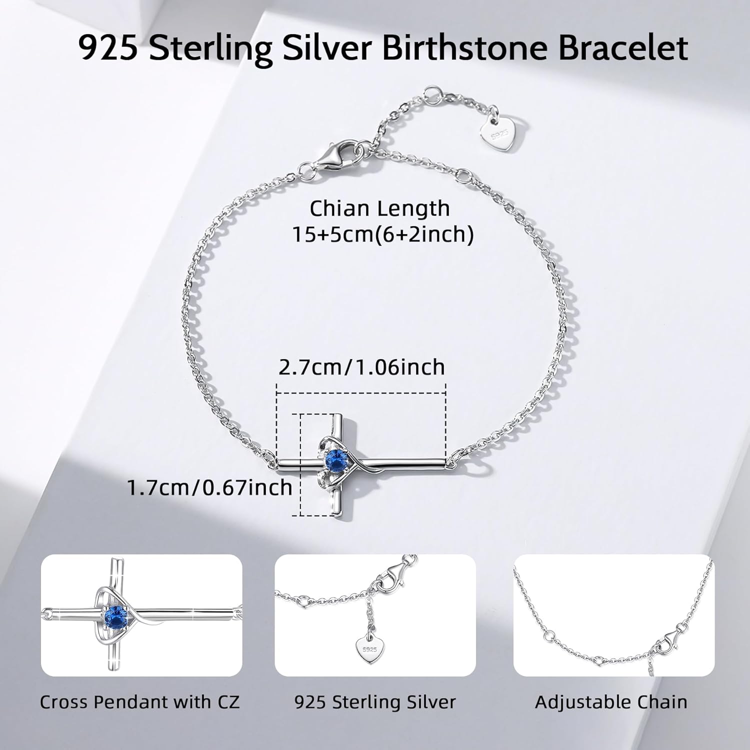 Birthstone Bracelet 925 Sterling Silver Birthstone Cross Bracelets for Women Cross Heart Cubic Zircon Adjustable Jewelry Gifts for Birthday Christmas - Image 2
