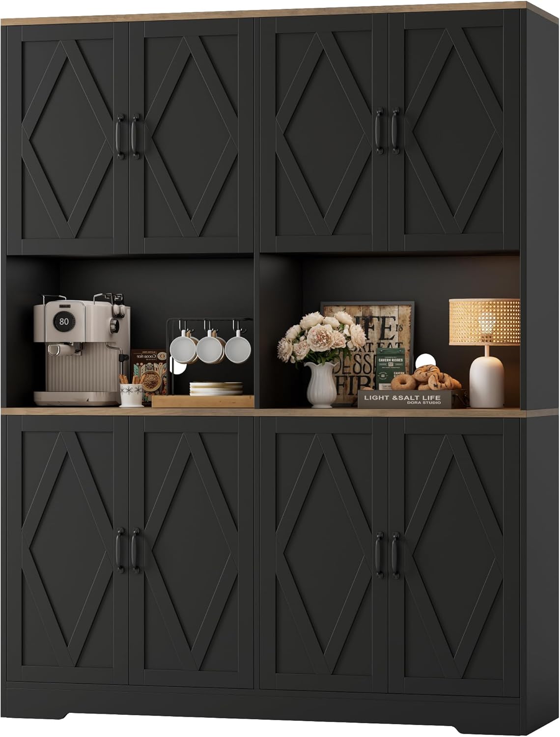 HOSTACK 71" Tall 55" Wide Black Farmhouse Kitchen Pantry Cabinet Hutch with 2 Microwave Stands & Doors