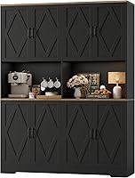 HOSTACK 71" Tall 55" Wide Black Farmhouse Kitchen Pantry Cabinet Hutch with 2 Microwave Stands & Doors