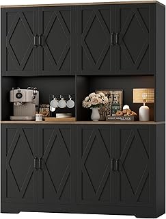 HOSTACK 71" Tall Pantry Cabinet, 55" Wide Kitchen Pantry Storage Cabinet, Large Kitchen Hutch with 2 Microwave Stands, Farmhouse Coffee Bar Station with Doors and Shelves for Dining Room, Black