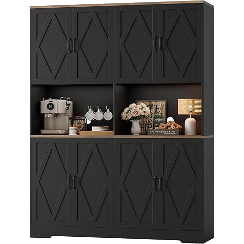 HOSTACK 71" Tall Pantry Cabinet, 55" Wide Kitchen Pantry Storage Cabinet, Large Kitchen Hutch with 2 Microwave Stands, Farmhouse Coffee Bar Station with Doors and Shelves for Dining Room, Black