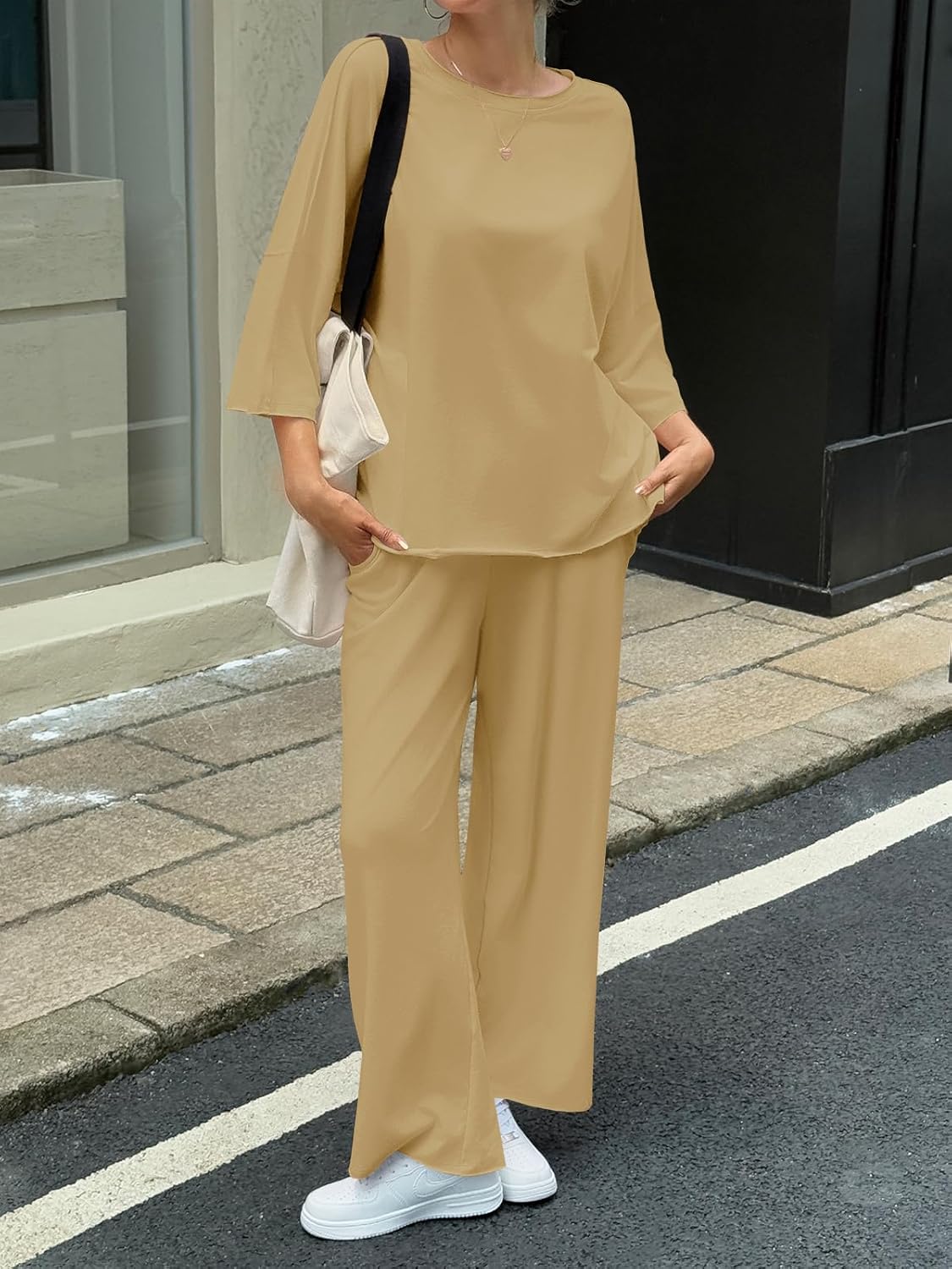 Fisoew Womens 2 Piece Lounge Sets Casual 3/4 Sleeve Tunic Tops Loose Wide Leg Pants Tracksuit Fall Travel Outfits - Image 5