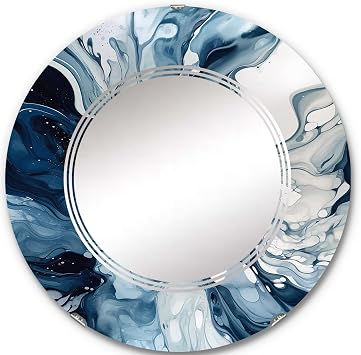 DesignQ Abstract wall mirror, Oval Modern mirror, Round Blue bathroom mirror, Abstract vanity mirror Ethereal Elixir Blue Grey Abstraction IX printed mirror decor, round mirror 24 inch