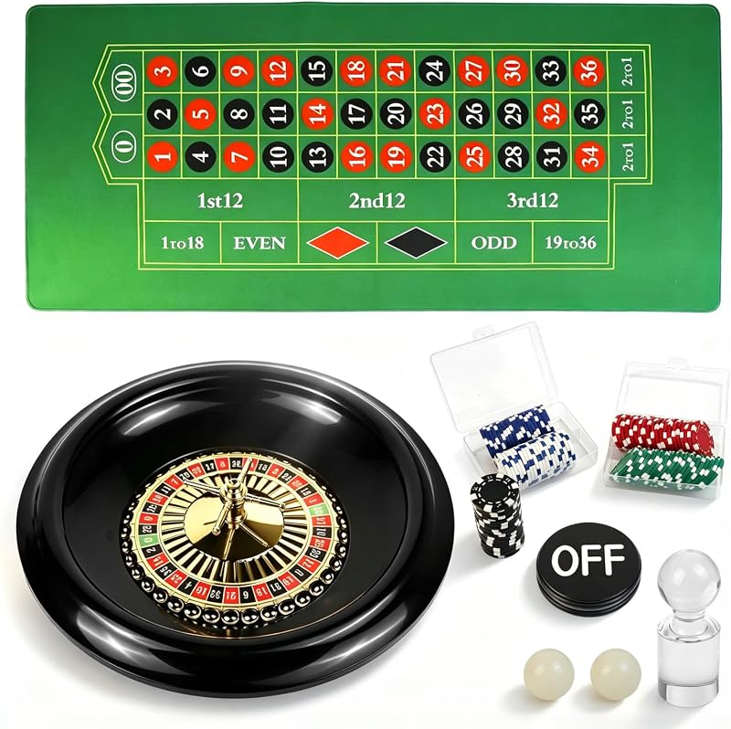 El juego completo de Casino Night incluye rueda de ruleta verde de 16 pulgadas, tapete de goma de 35 x 16 pulgadas, botón de distribuidor de 100 fichas, marcador de ganancias, juegos de casino, ideas de regalo