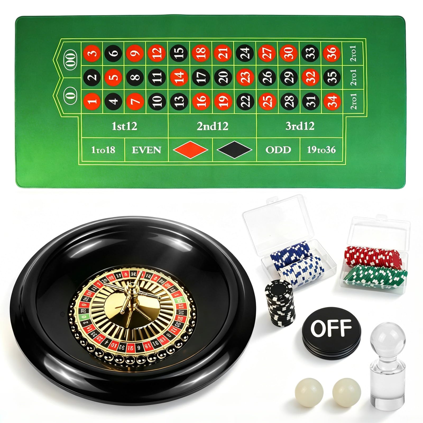 Casino Night Set Gioco Completo Include 16 '' Rotella Roulette Verde 88,9 cm X 40,6 cm Tappetino da tavolo in gomma, 100 Chip Dealer Pulsante Win Marker Casino Game Set Idee Regalo