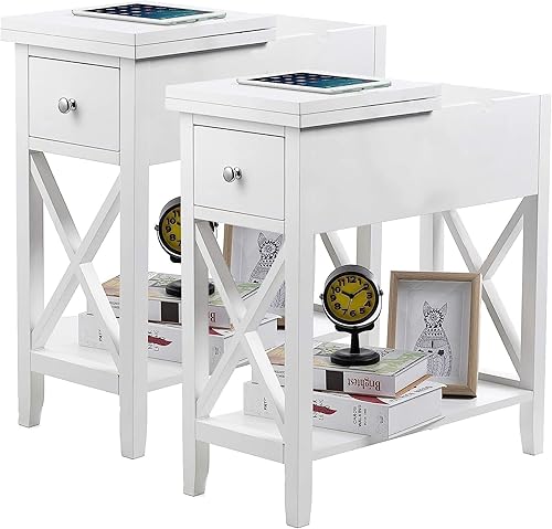 ChooChoo Juego de 2 mesas auxiliares blancas, mesa auxiliar estrecha con cajón, mesita de noche pequeña para sala de estar, dormitorio y espacios