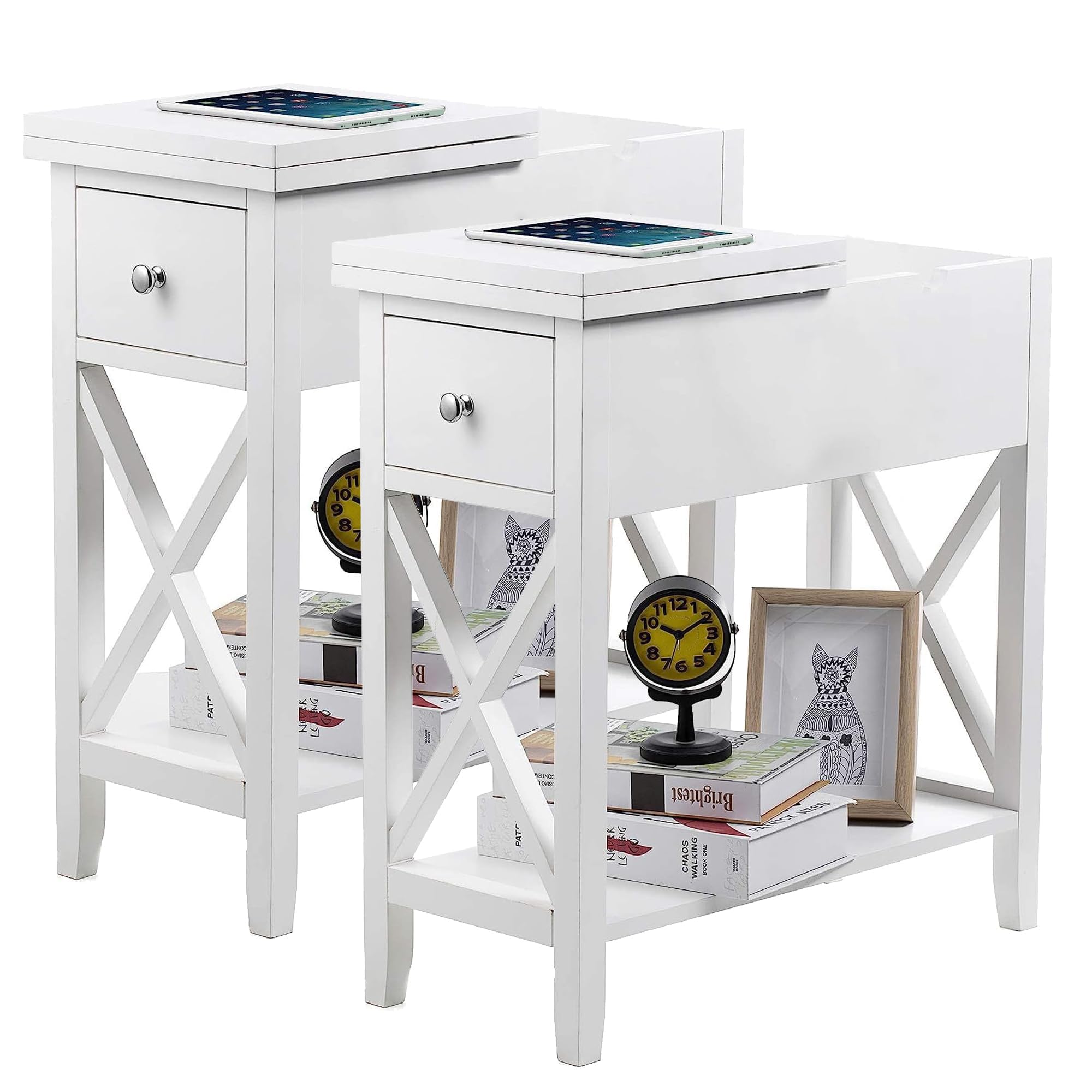 Amazon.com: ChooChoo White End Table Set of 2, Flip Top