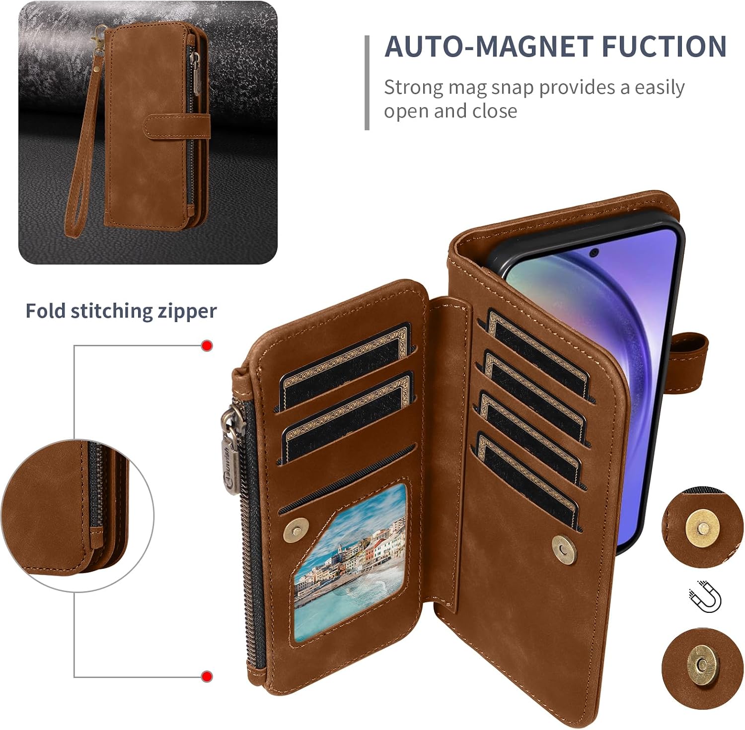 Asuwish Phone Case for Samsung Galaxy A54 5G Zipper Wallet Cell Cover with Tempered Glass Screen Protector Crossbody Wrist Strap Flip Credit Card Holder Slot A545G A 54 54A 4G G5 SM A546U Women Brown