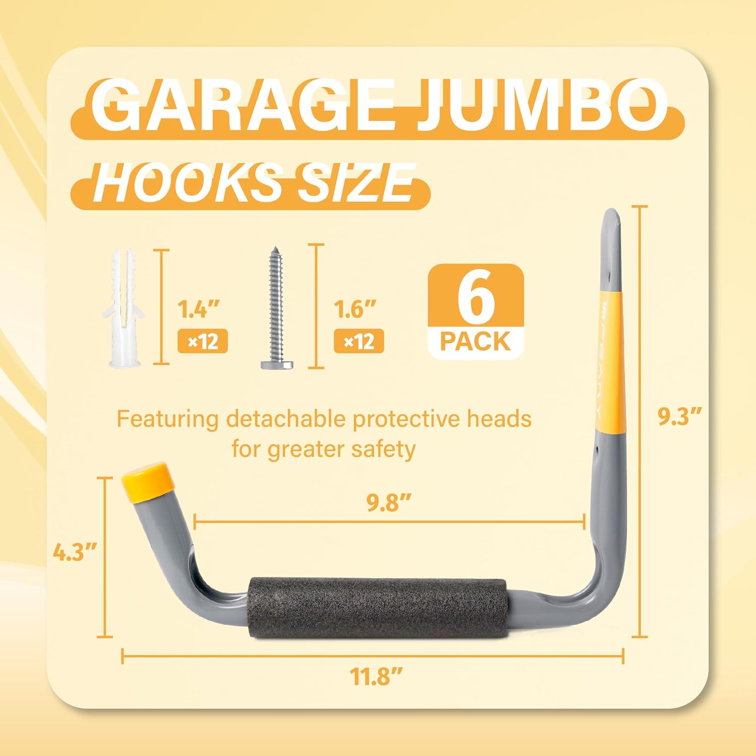9.8" Ladder Hooks for Garage Wall, 6PC Garage Storage Hooks with Jumbo Arm, Heavy Duty Large Hooks for Tools, Bikes, Chairs, and Outdoor Organization