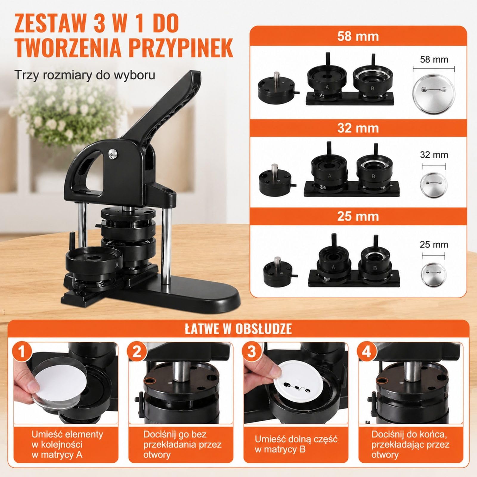Prasa do przypinek 3 w 1 z plastikową obudową, czarno-pomarańczowa, matryce i akcesoria DIY