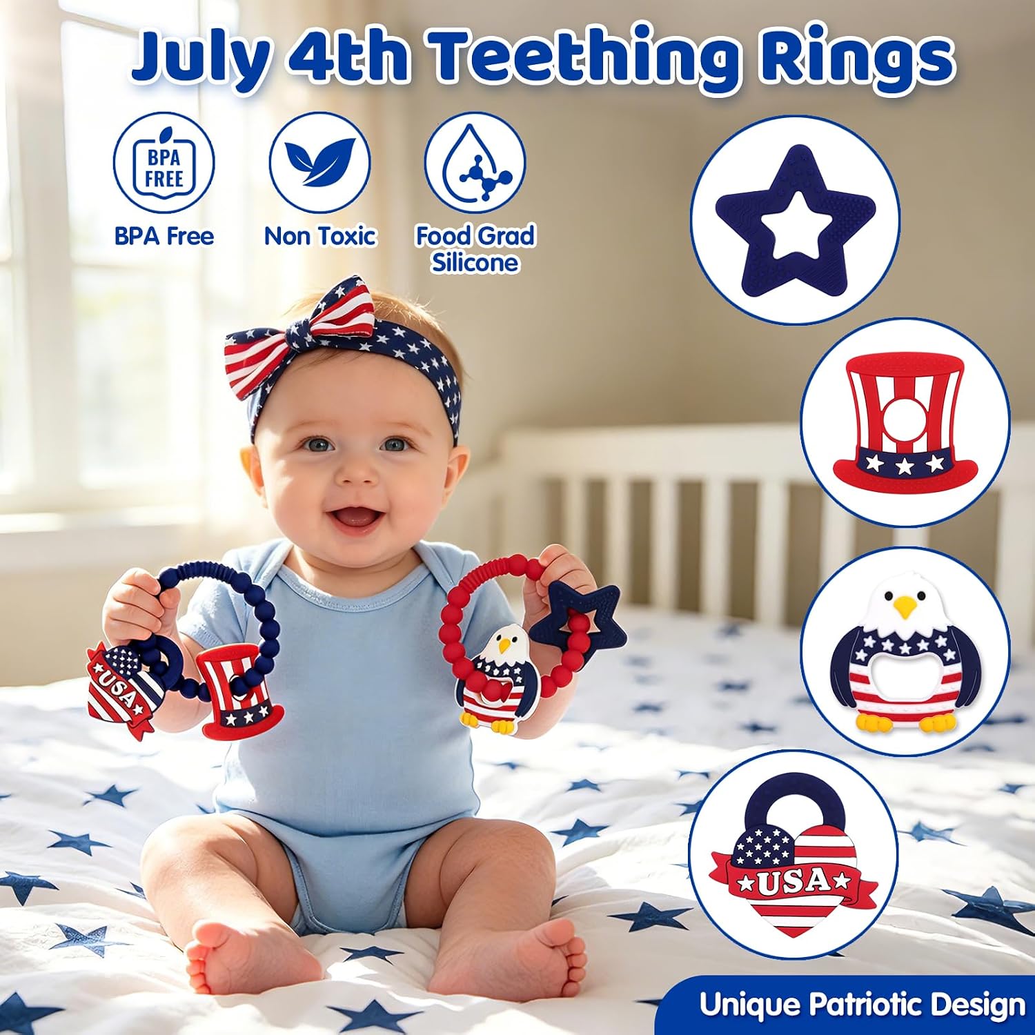 2 Pcs 4th of July Baby Teething Ring Toys, Silicone Patriotic Teether for Newborns Infants Toddlers, Red White and Blue Party Favors Baby's First Fourth of July Gifts Girl Boy Sensory Chew Bracelet