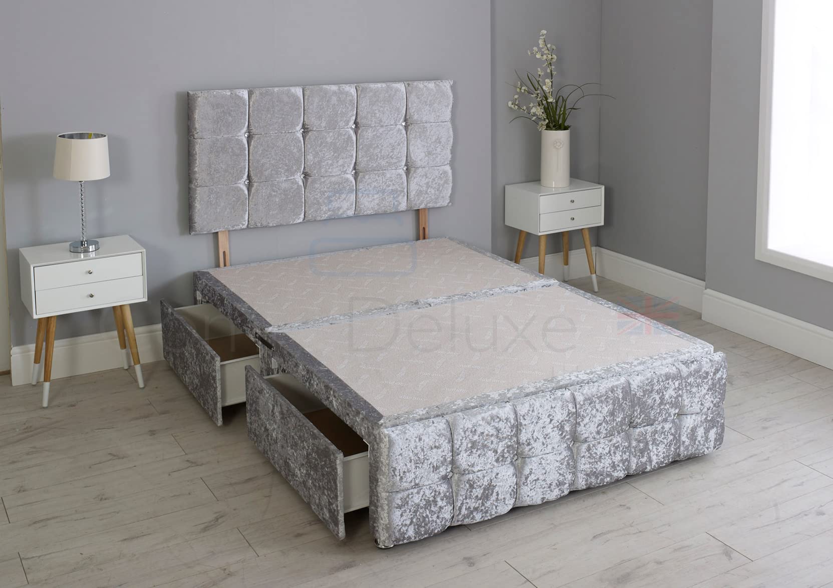 Comfy Deluxe LTD ibex Divan Bed Base in Crushed Velvet with Cube Headboard and Matching Footboard - Base Only (Mattress Not Included) (Silver, 2FT6-0 Drawers)