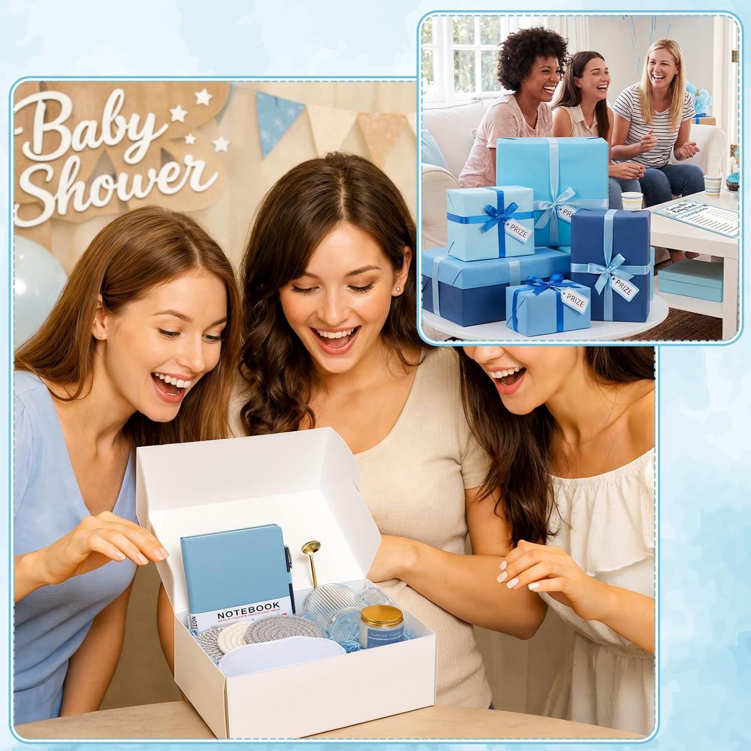 Ctosree 6 Set/48 Pcs Blue Baby Shower Game Prizes for Winners Gift Set Include Notebook Pen Ceramic Mug Spoon Coaster Scented Candle Eye Mask Gift Box for Wedding Bridal Baby Shower Favor for Guest