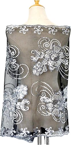 Miniatura 5 de L'VOW - Bufanda de lentejuelas brillante para mujer estilo de los años 20, capa de boda con malla, chal de noche con flecos