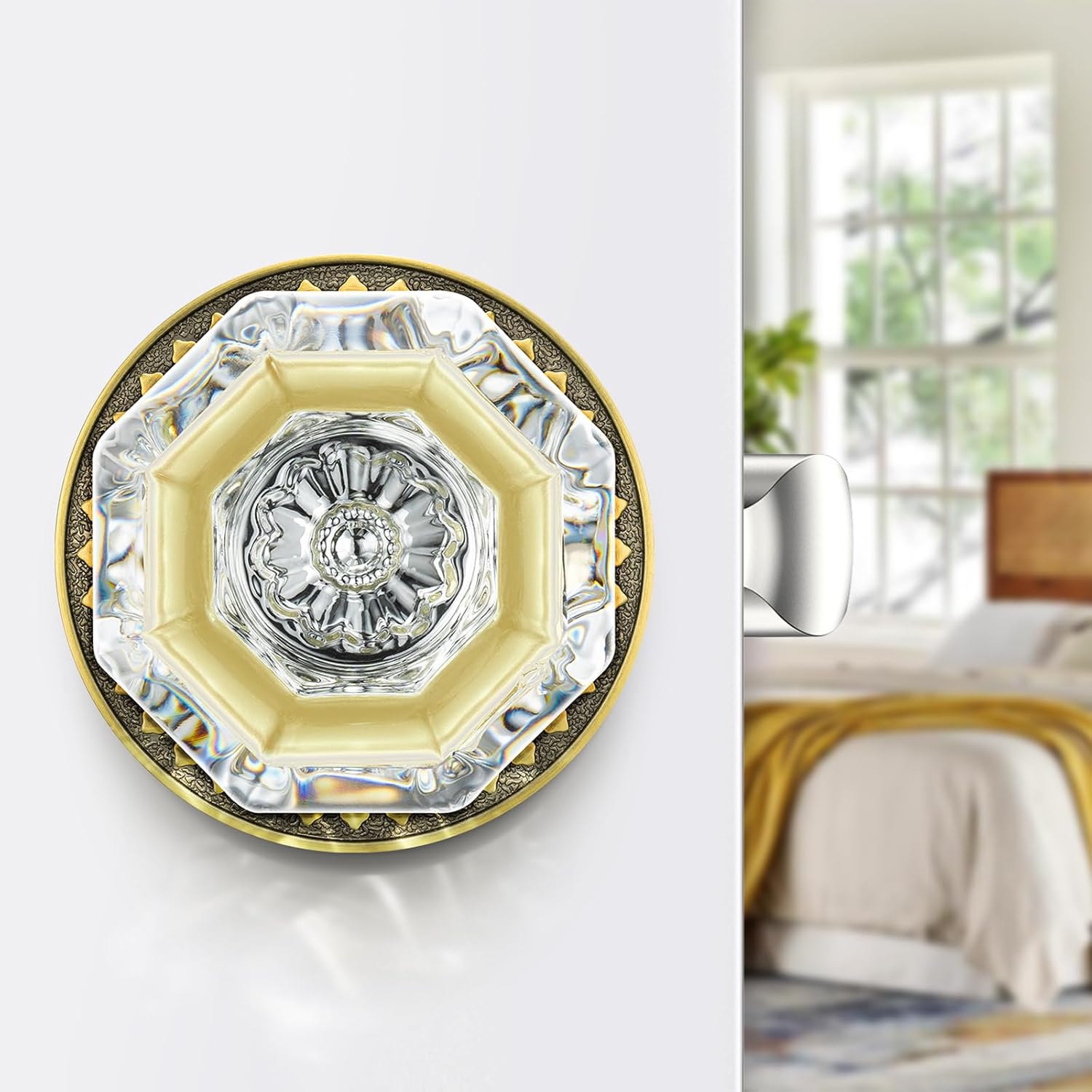 Glass Door Knobs with Lock, Antique Brass Crystal Door Knobs Interior for Privacy Use, Octagon Vintage Crystal Doorknob Set for Bathroom & Bedroom, 5 Pack
