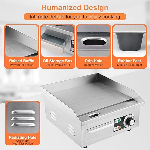 Miniatura 6 de Plancha eléctrica comercial, plancha eléctrica de 14 pulgadas, 1600 W, 110 V, antiadherente, parrilla Teppanyaki de acero inoxidable, temperatura