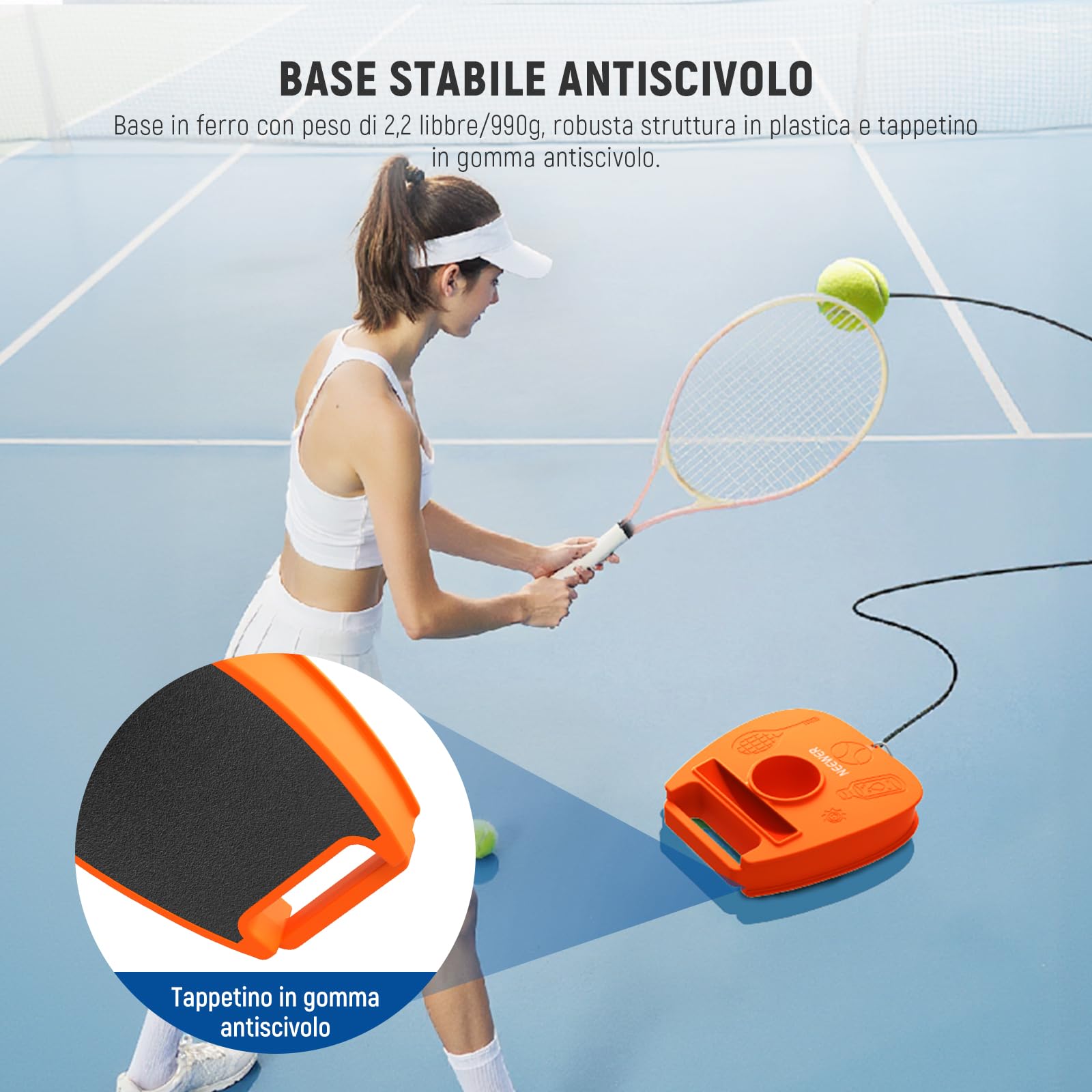 NEEWER Set di Palline da Tennis Portatili con Base in Ferro Antiscivolo, Supporto per Racchetta, 3 Palline da Tennis con Corda Elastica, rimbalzatore per Allenamento Individuale per Adulti, TB01Z