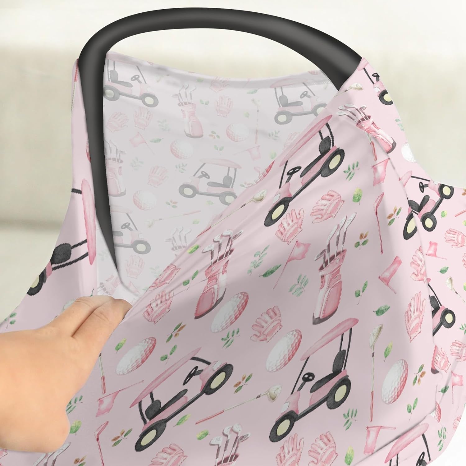 Golf Car Seat Cover for Babies Sports Golfing Stretchy 5-in-1 Cover Golf Lovers Gift Adjustable Infant Carseat Cover Canopy Breathable Privacy Breastfeeding Nursing Cover-Up Pink