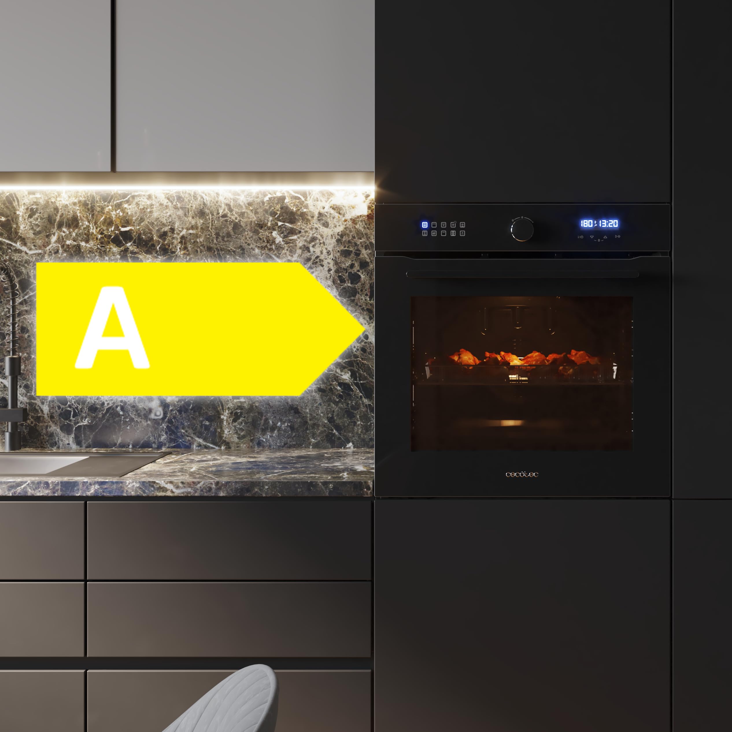 Cecotec Horno Integrable Multifunción 60cm Bolero Hexa AF316000 Glass Black A 3400W, 81L Capacidad, 11 Funciones con Airfryer Master, Pizza Master, Steam Asisst, Steam EasyClean, 3D Cooking, Defrost