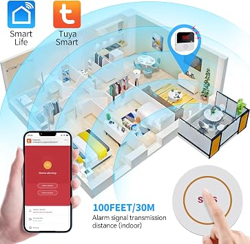 Wireless Personal Alarms for Elderly - Caregiver Seniors Pager Alarm, SOS Elderly Alarm Call Button, Fall Calls Wifi Home Smart Alarm System with Receiver and 2 Call Bell Button