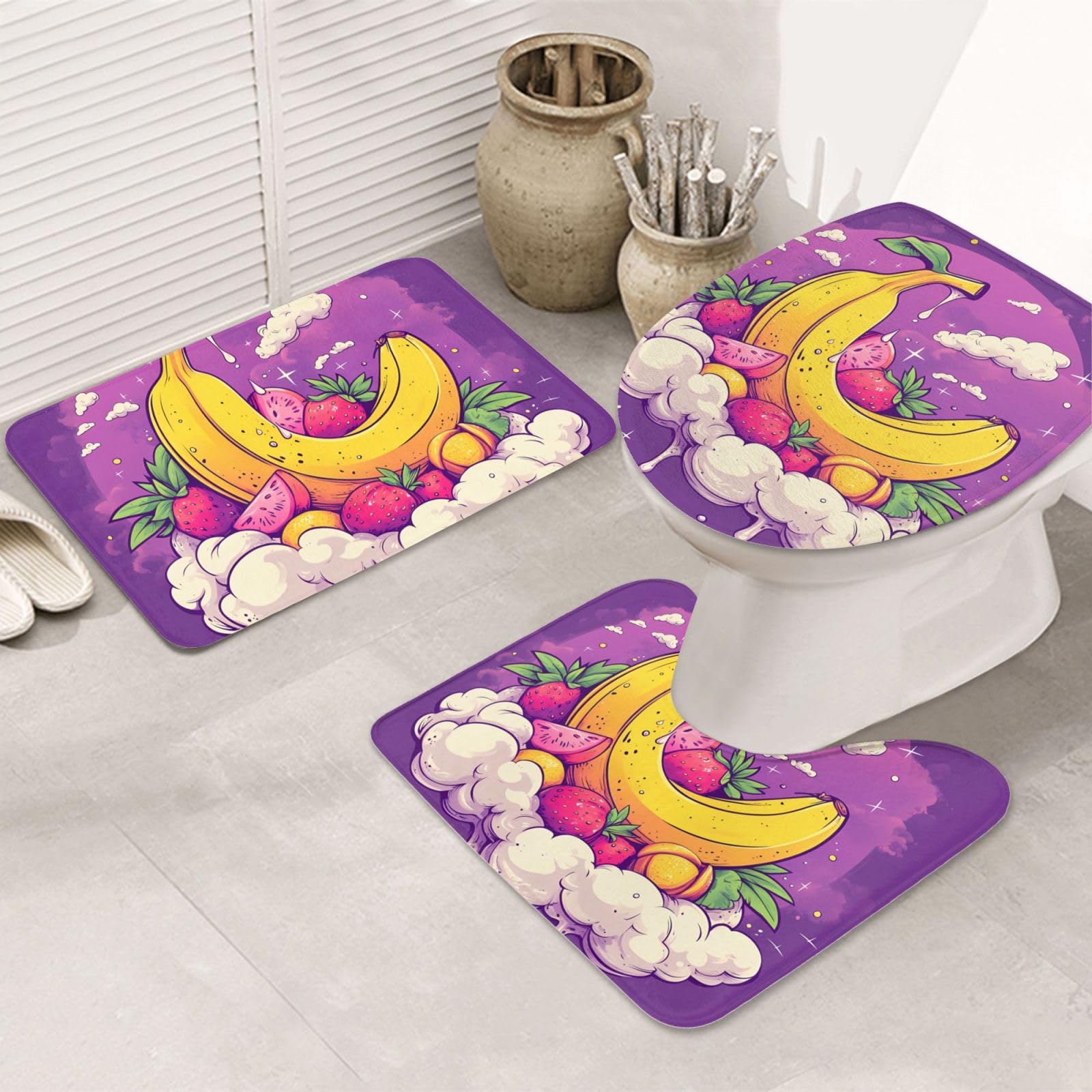 Juego de 3 alfombras de baño con estampado de fresa y plátano suave