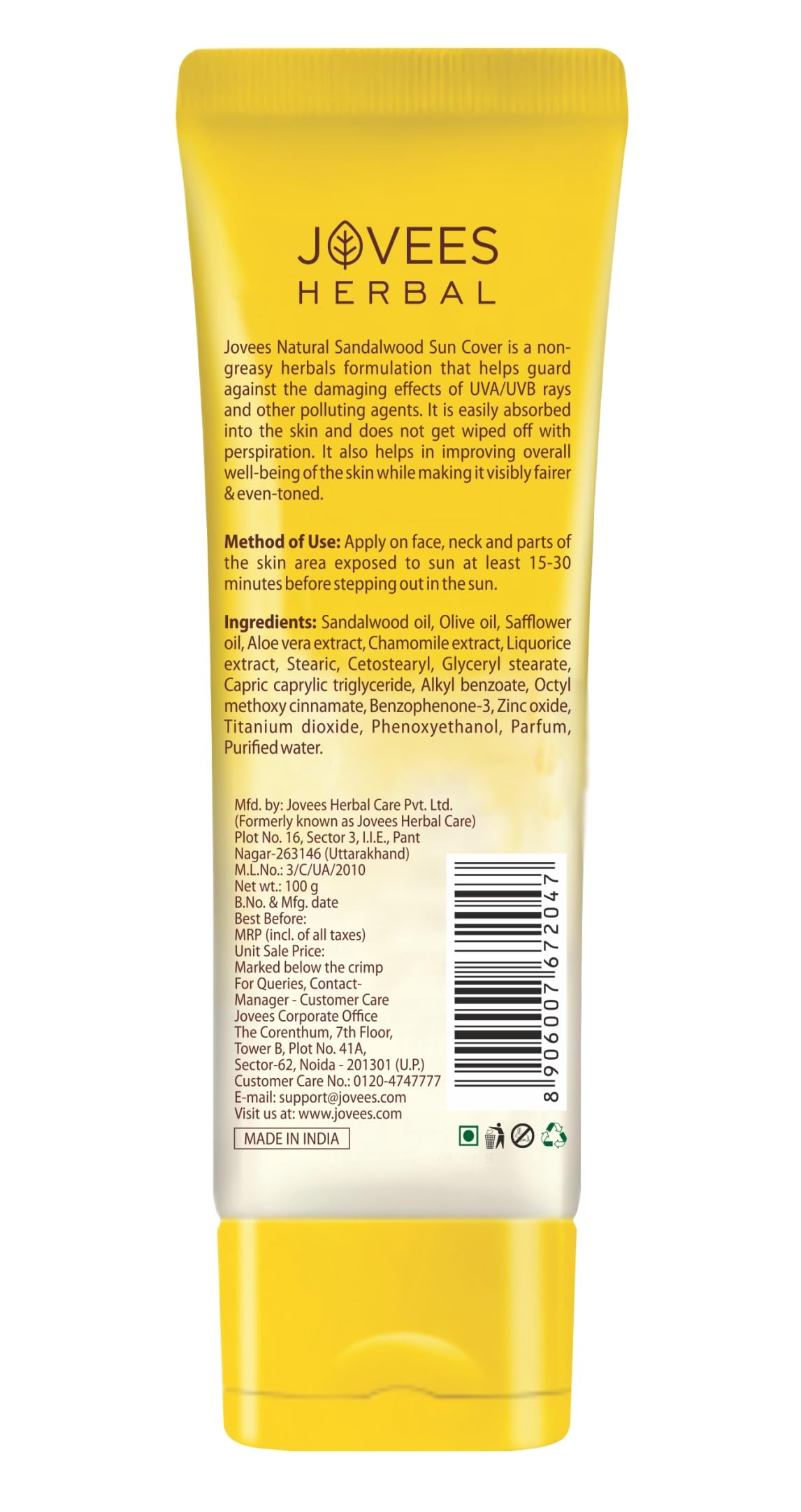 Jovees Sandalwood Suncover Natural Protection Spf 30, 100g