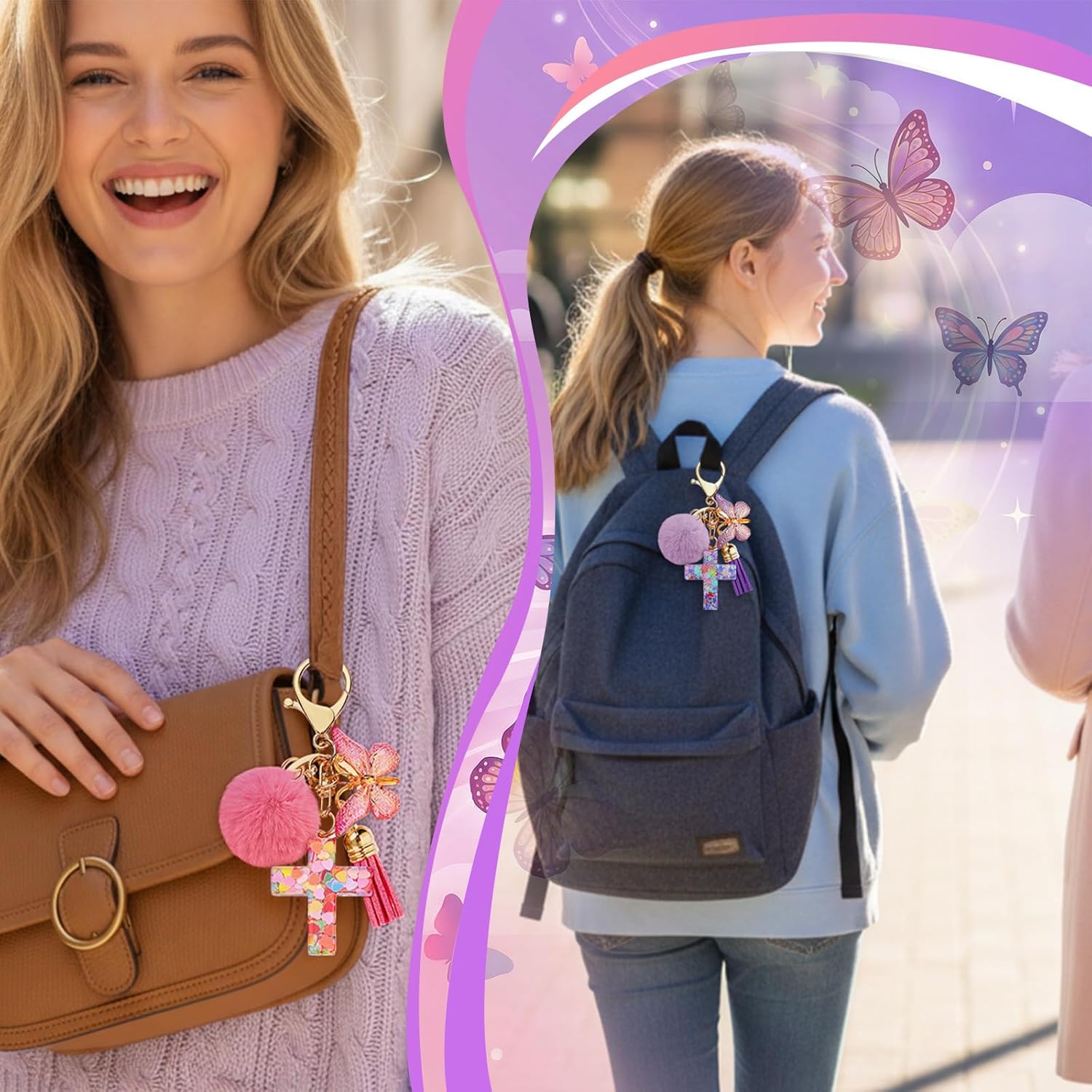 Sureio Cross Butterfly Keychains for Women Christian Resin Keychain Bulk for Mother's Day Backpack Purse Wallet Bag - Image 3